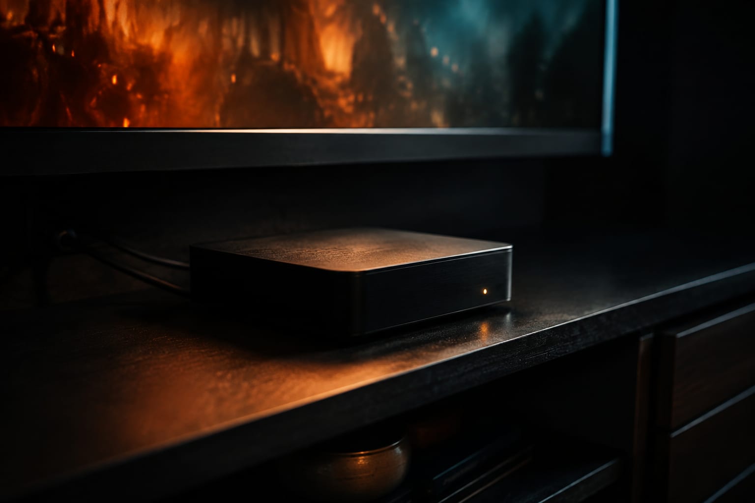 A set-top box and streaming stick beneath a glowing television in a dark room