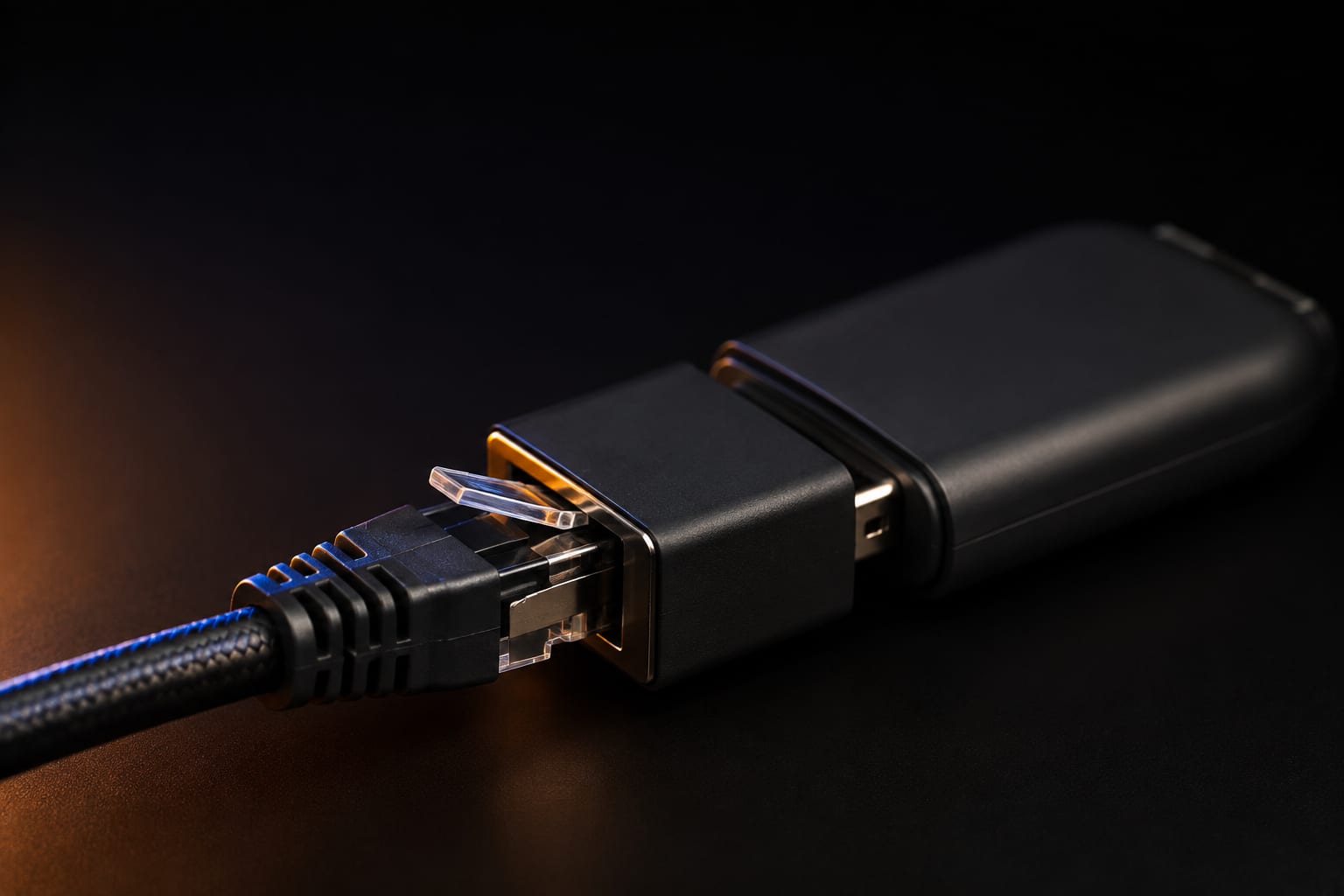 An ethernet cable plugged into a small adapter connected to a streaming stick
