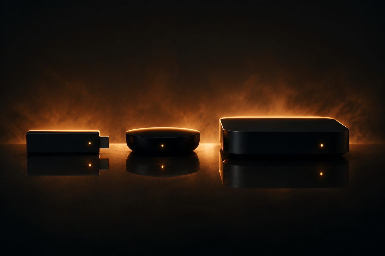 A black set-top box on a shelf with status lights and a network cable