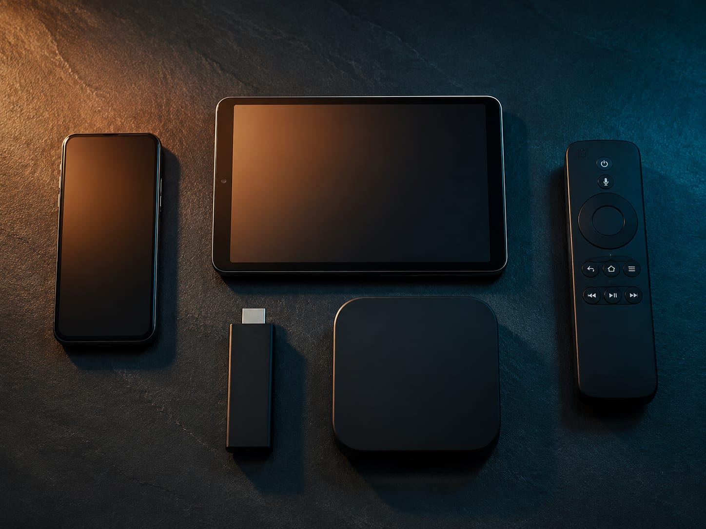 A phone, tablet and streaming stick arranged on a dark surface