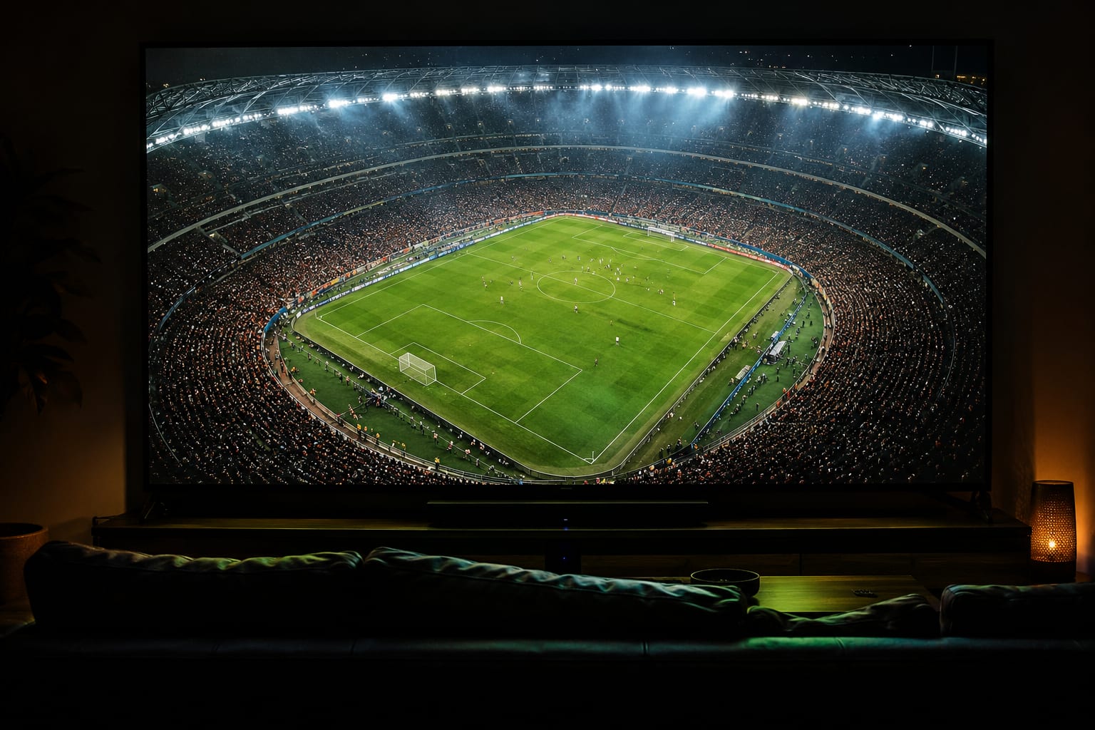 Large television showing a 4K sports broadcast in a dark living room