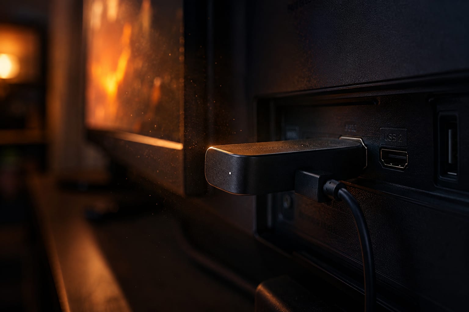 Fire TV Stick plugged into the back of a television with the IPTV player loading on screen