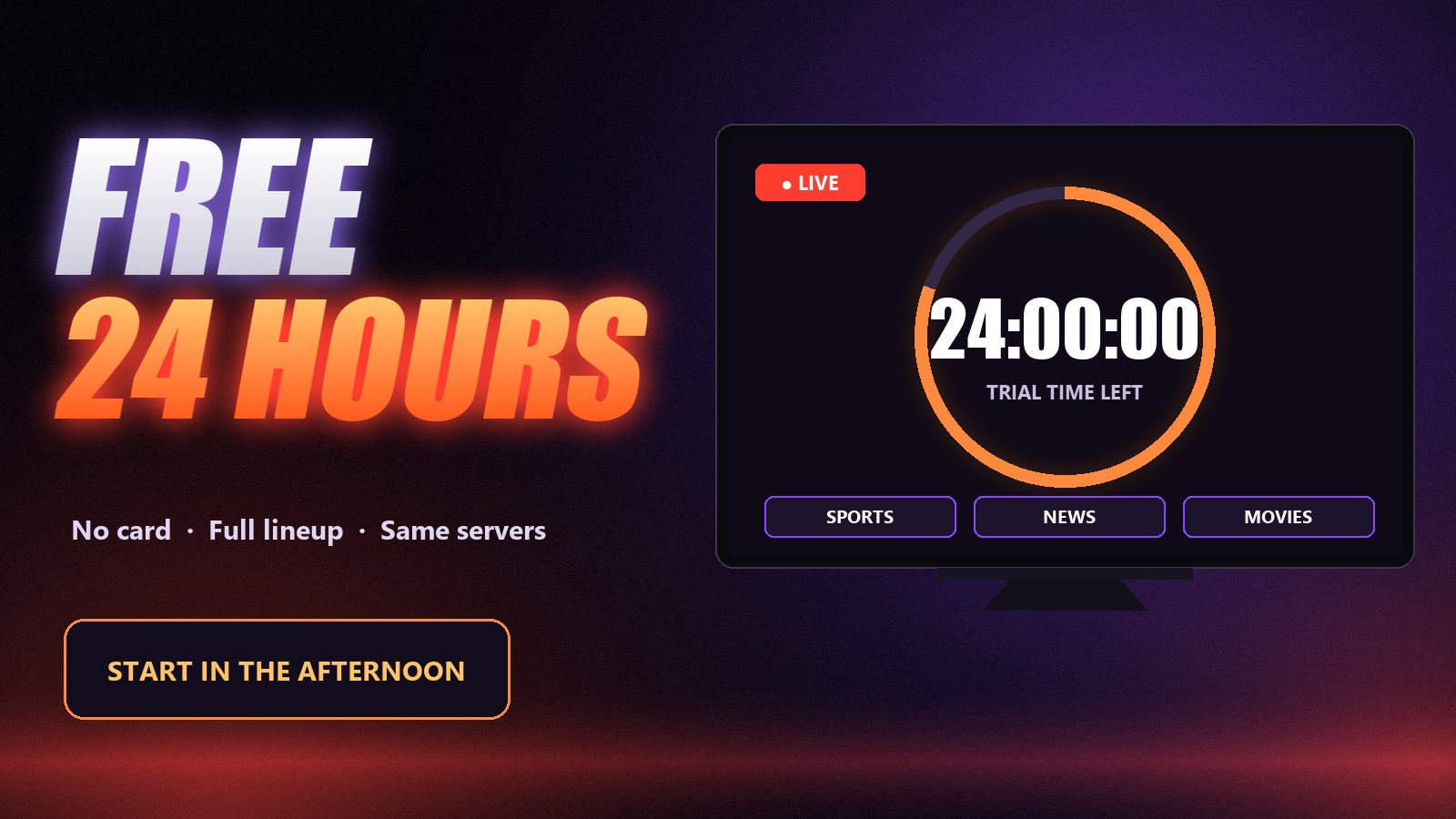 A television showing a 24-hour countdown next to a live sports channel, illustrating an IPTV free trial