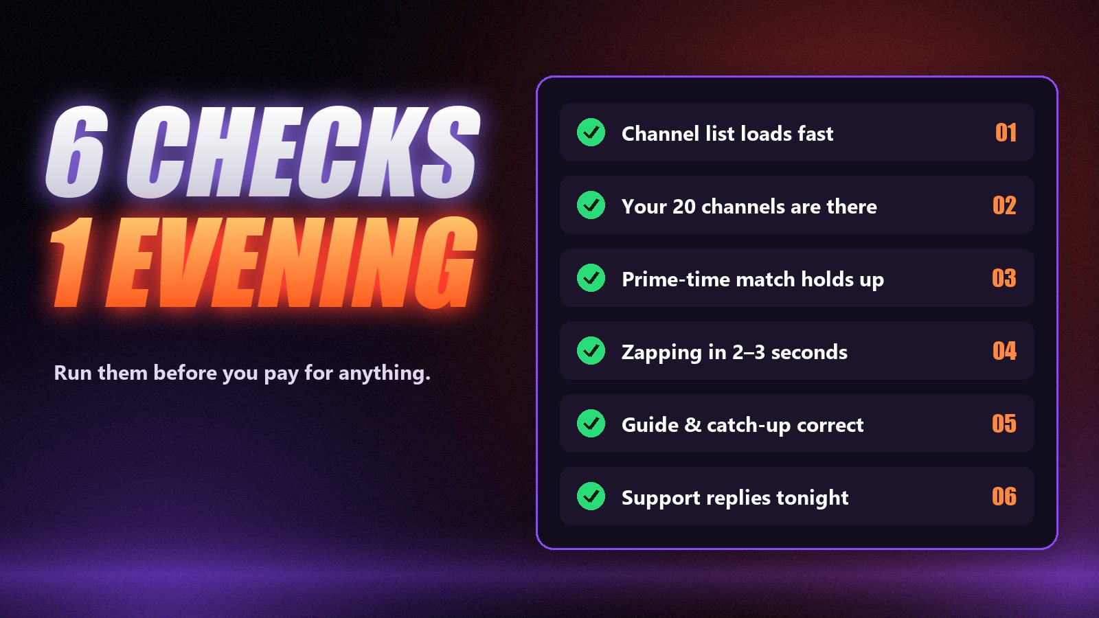 A checklist beside a TV remote: channel list, prime-time match, zapping speed, guide and support reply time