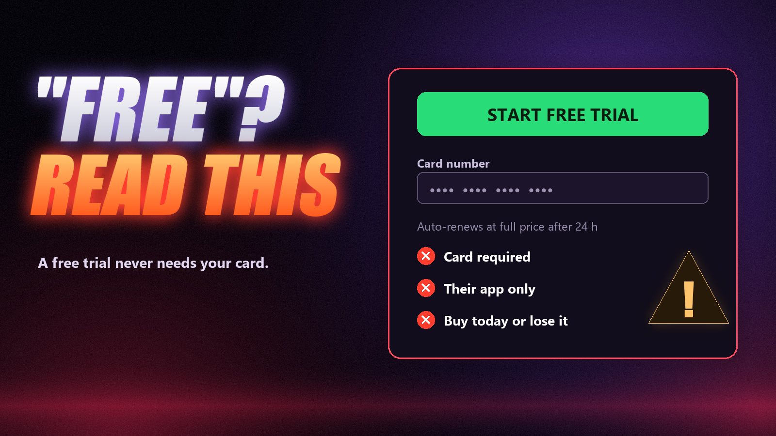 A free trial button connected to a hidden credit card form, illustrating IPTV trial red flags