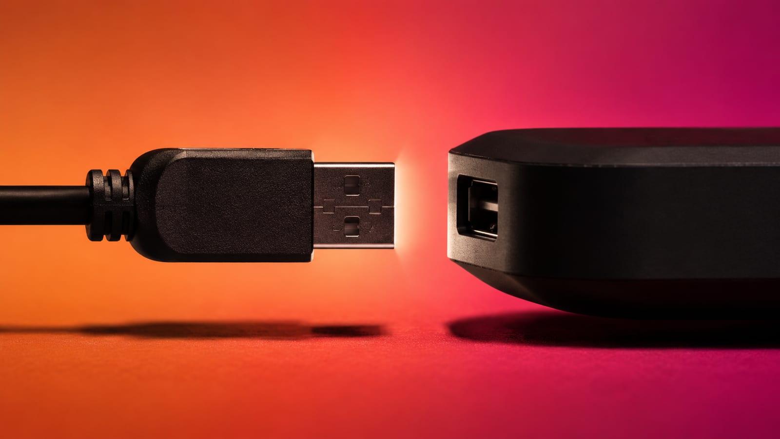 USB connector floating a moment before plugging into the port of an Android TV box