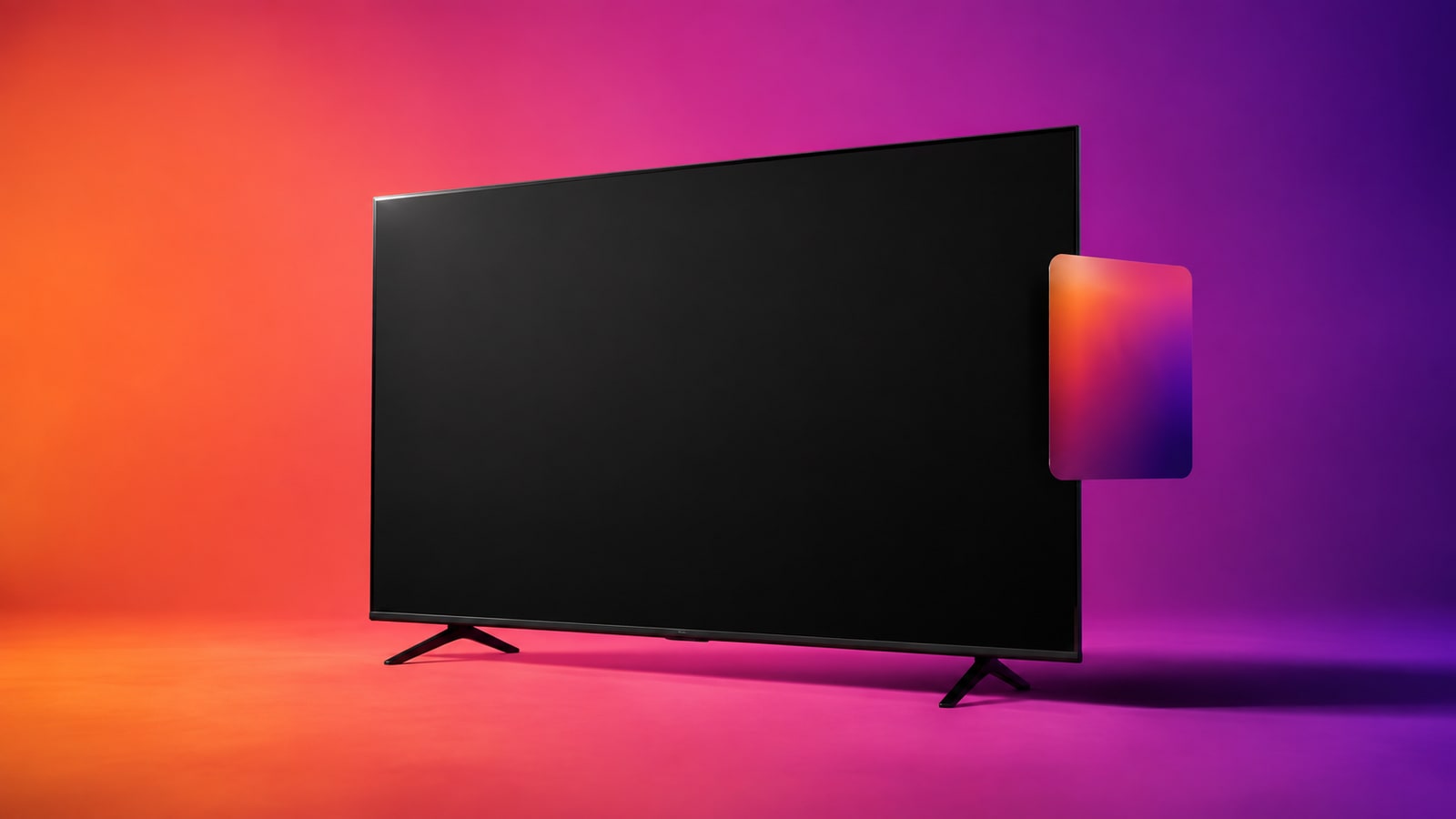 Hisense-style smart television and blank app tile against an orange, magenta and violet studio background