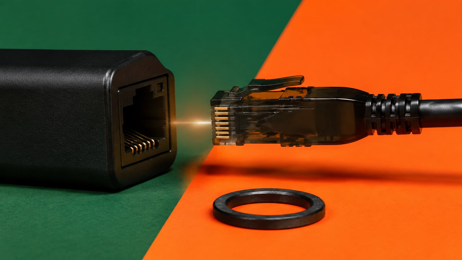Ethernet connector approaching a network port on a green and orange studio background