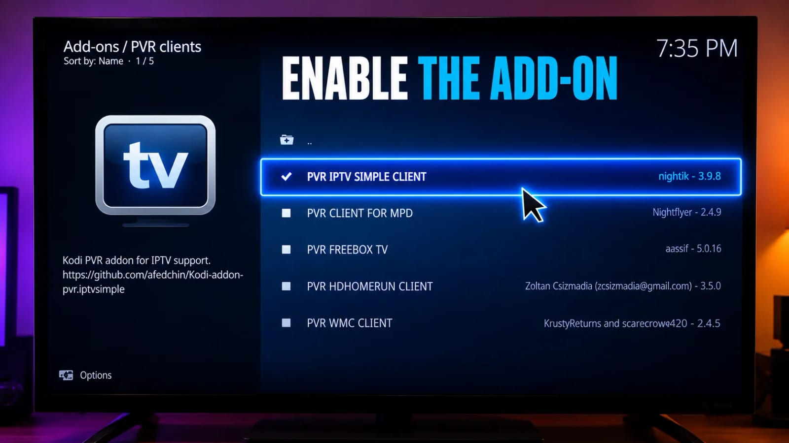 Kodi PVR clients screen on a television with PVR IPTV Simple Client highlighted and ready to enable