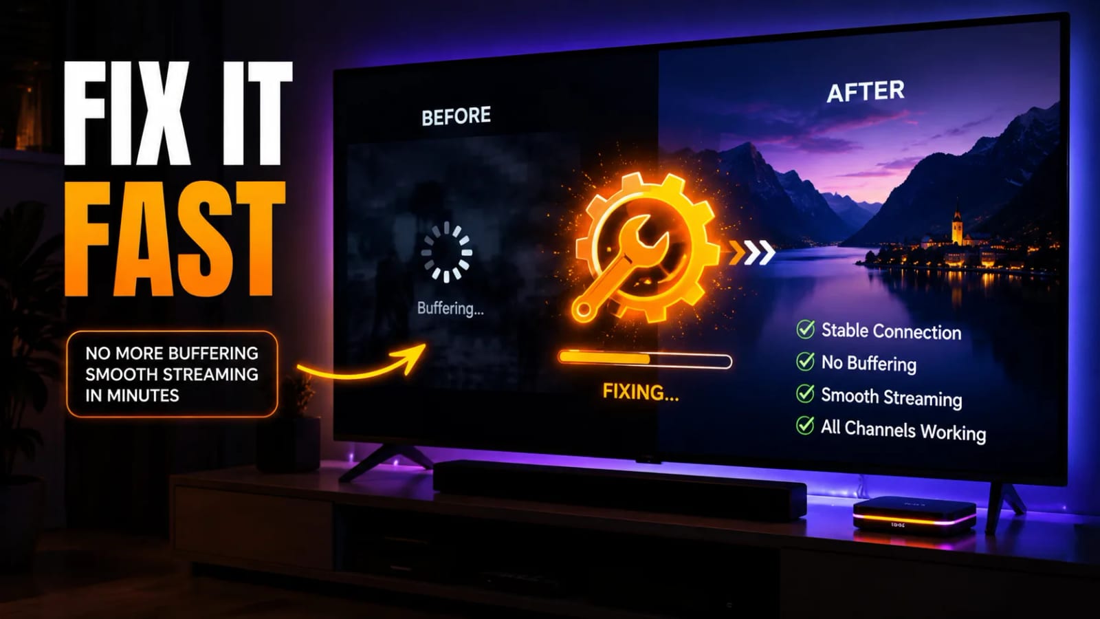 Split television screen showing a buffering spinner on the left and a clean playing picture on the right after the fix