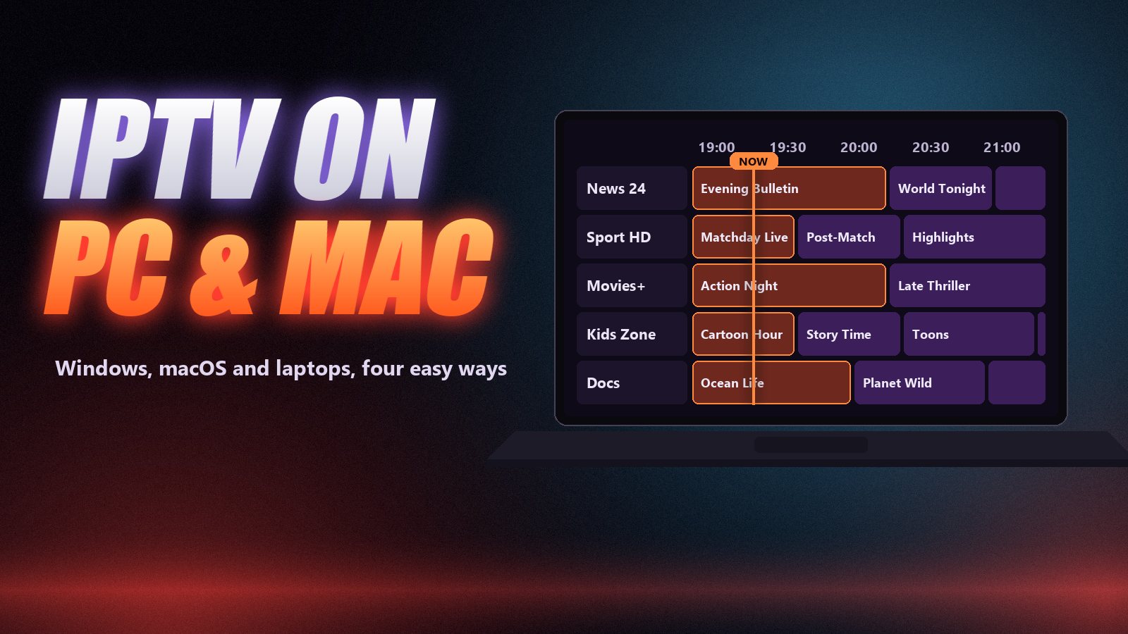 IPTV on PC and Mac: a laptop showing an IPTV programme guide