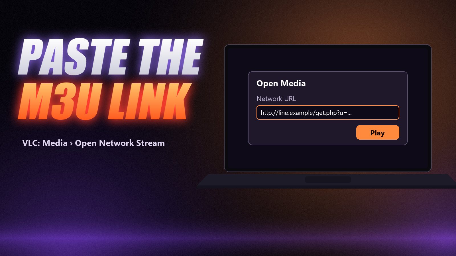 VLC Open Media dialog with an IPTV M3U link pasted into the network URL field