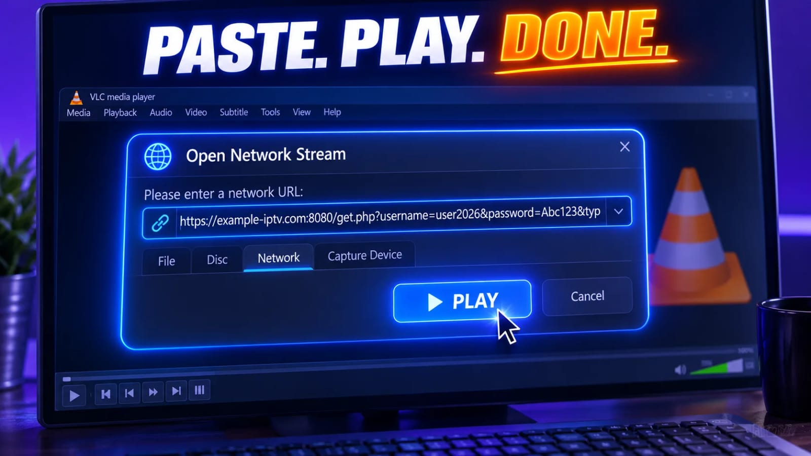VLC Open Network Stream dialog on a laptop with an IPTV playlist URL pasted into the field and the Play button highlighted