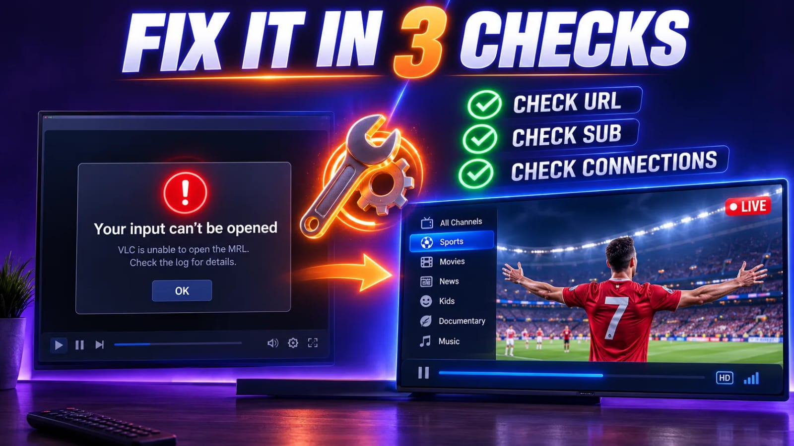 VLC error dialog reading your input cannot be opened next to a working channel list playing live sport