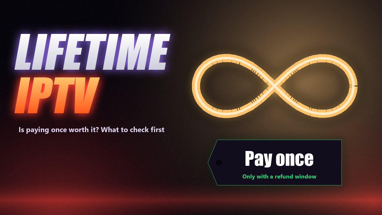 Lifetime IPTV subscription: an infinity symbol and a pay once price tag with a refund window