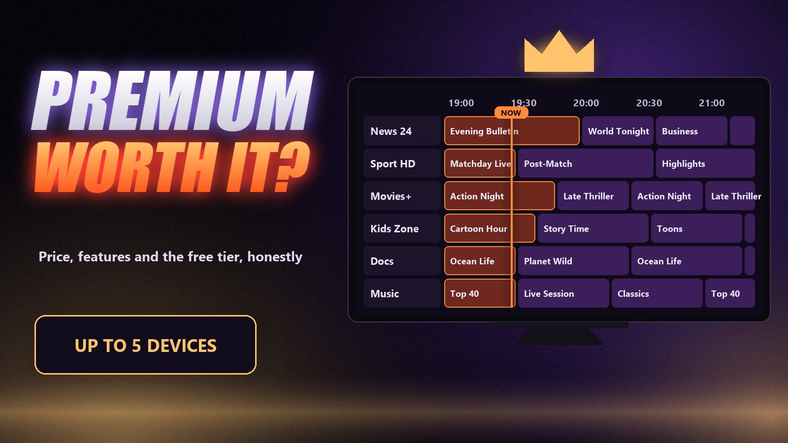 A TiviMate-style guide on a TV with a premium crown badge, illustrating TiviMate Premium