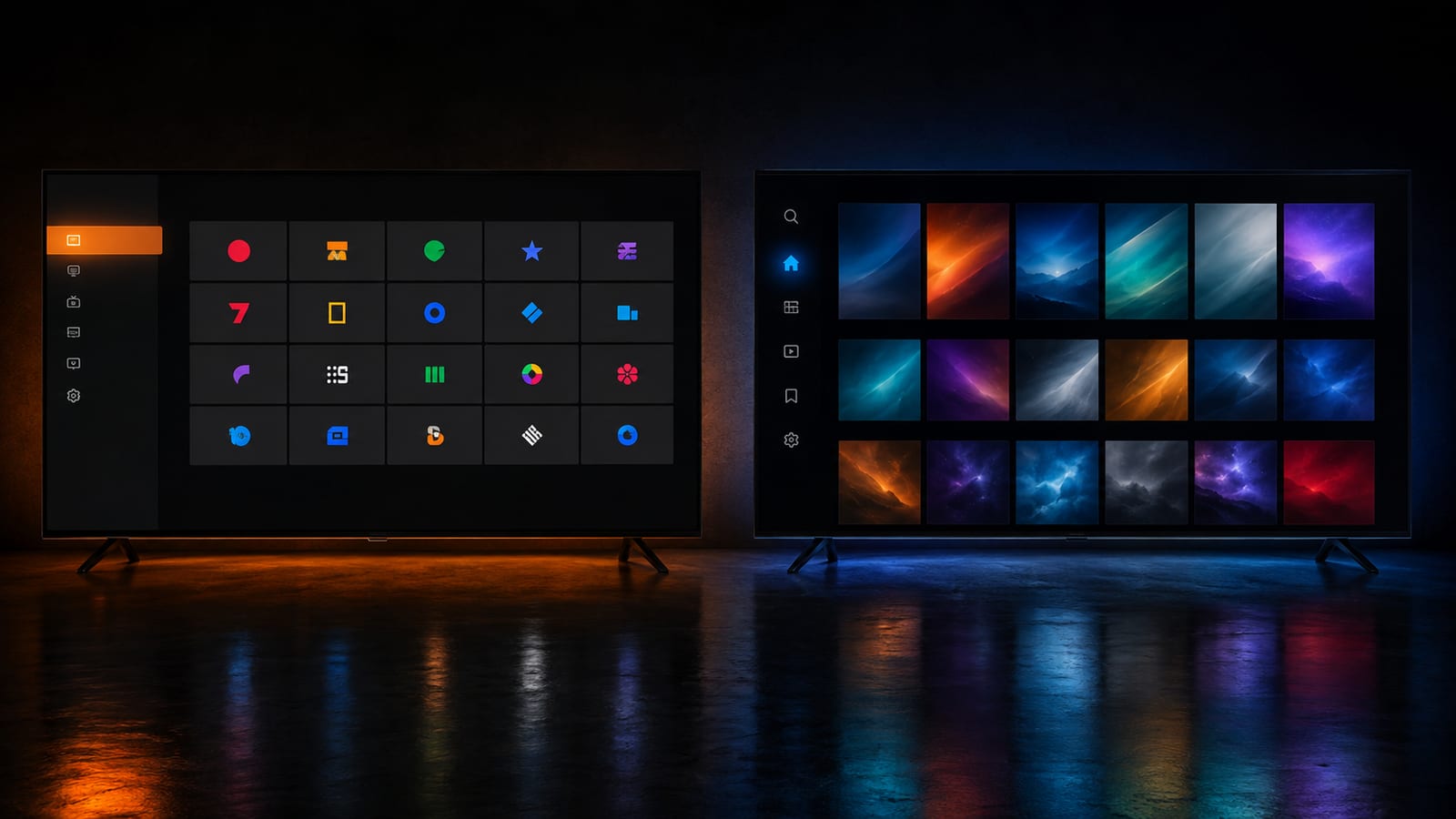 Two televisions side by side showing different IPTV player interfaces