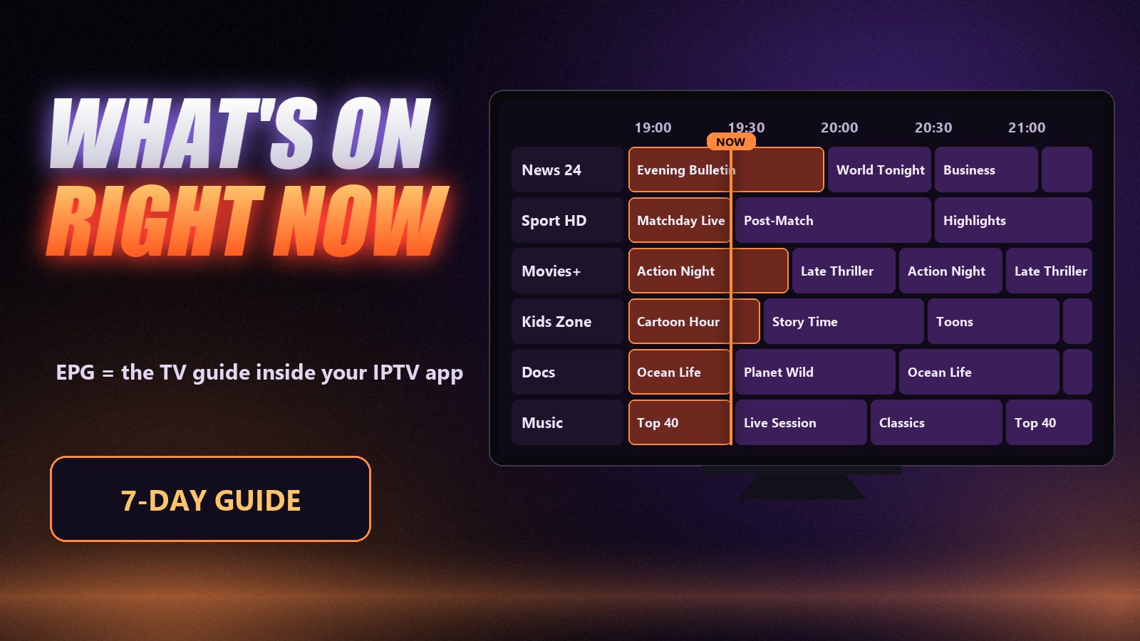 An IPTV programme guide grid on a television showing channels, times and what is on now