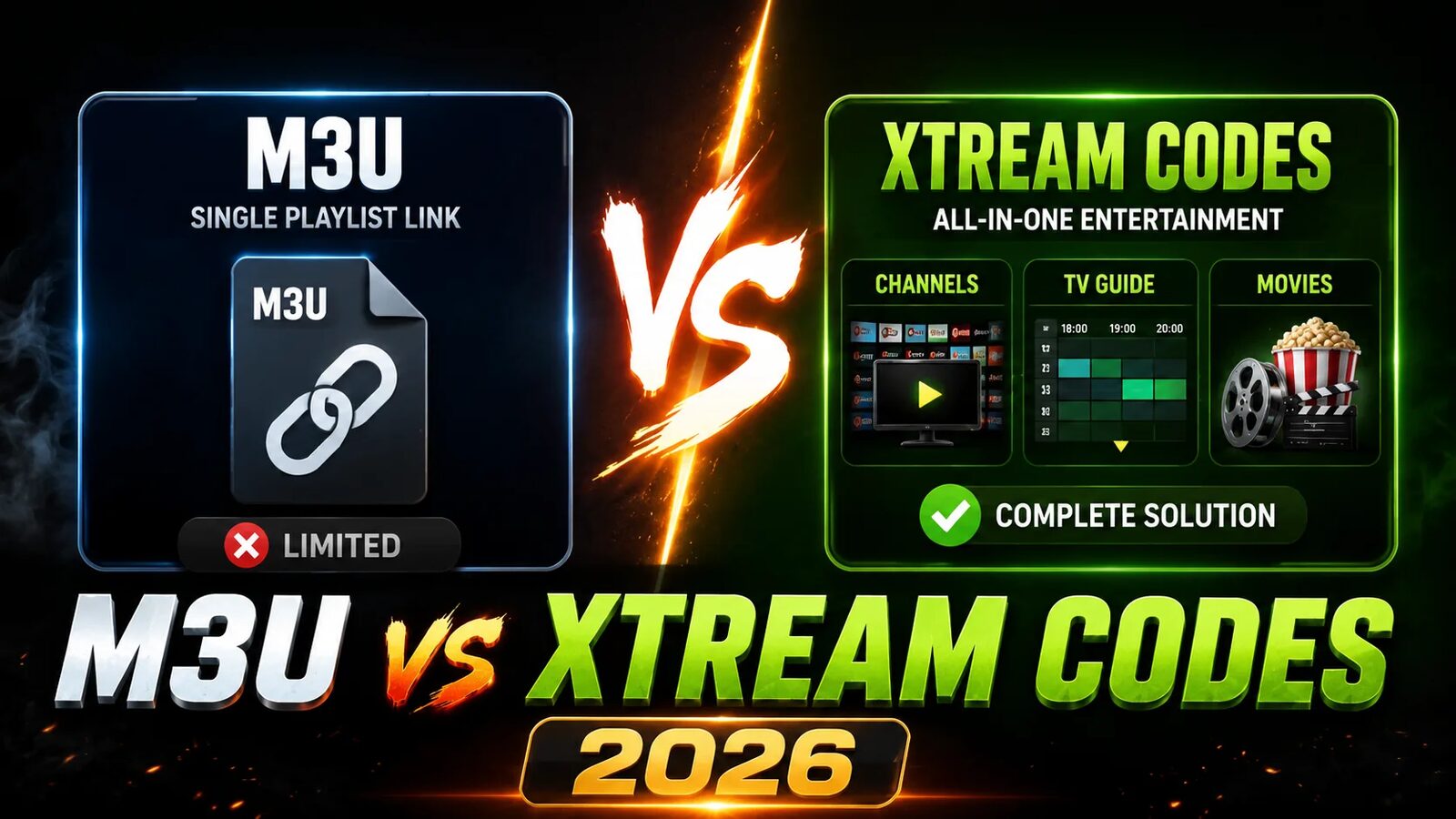 Side-by-side comparison of an M3U playlist link and an Xtream Codes login showing what each one delivers