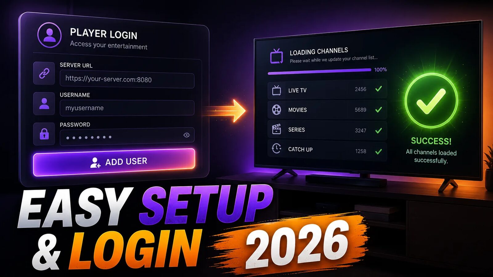 IPTV player login screen with server URL, username and password filled in and the channel list loading successfully