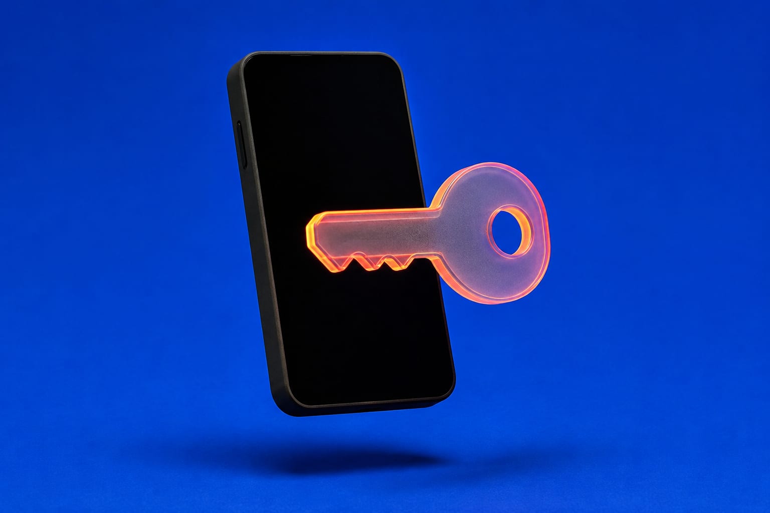 A matte-black handset floating above a cobalt-blue backdrop with a single glowing frosted key rising from it